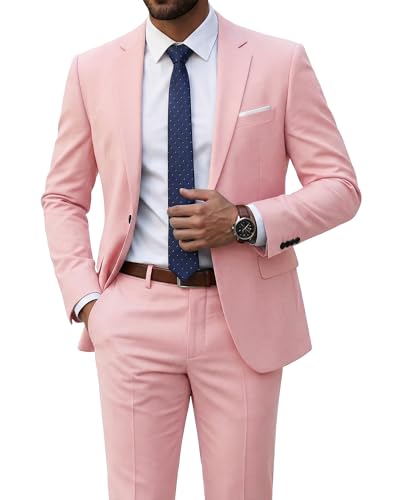 Men's 2 Piece Suit with Tie, Slim Fit Solid Color Jacket and Pants Set, One Button, Light Pink