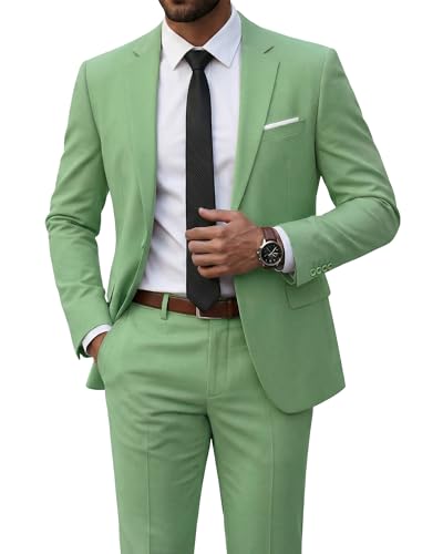 Men's 2 Piece Suit with Tie, Slim Fit Solid Color Jacket and Pants Set, One Button, Sage Green