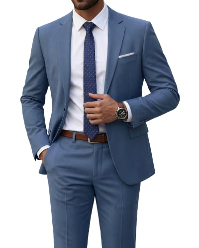 Men's 2 Piece Suit with Tie, Slim Fit Solid Color Jacket and Pants Set, One Button, Smoky Blue