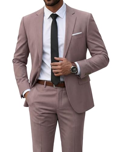 Men's 2 Piece Suit with Tie, Slim Fit Solid Color Jacket and Pants Set, One Button, Smoky Pink