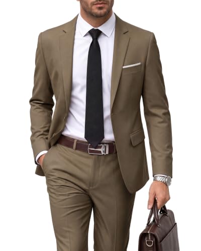 Men's 2 Piece Suit with Tie, Slim Fit Solid Color Jacket and Pants Set, Two Button, Camel Brown