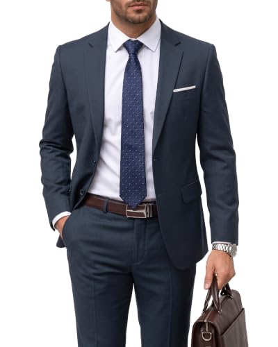Men's 2 Piece Suit with Tie, Slim Fit Solid Color Jacket and Pants Set, Two Button, Carbon Blue