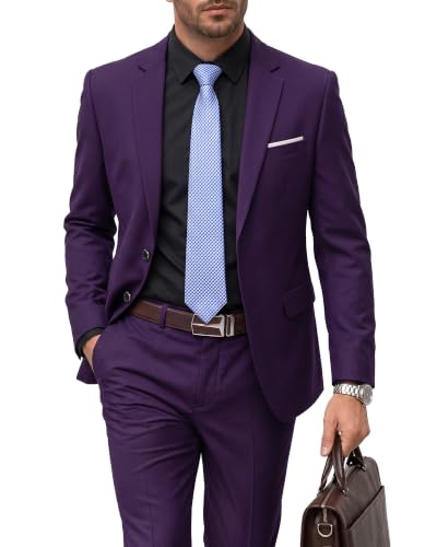 Men's 2 Piece Suit with Tie, Slim Fit Solid Color Jacket and Pants Set, Two Button, Deep Purple