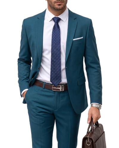 Men's 2 Piece Suit with Tie, Slim Fit Solid Color Jacket and Pants Set, Two Button, Light Blue
