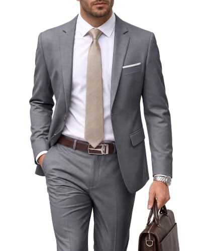 Men's 2 Piece Suit with Tie, Slim Fit Solid Color Jacket and Pants Set, Two Button, Light Grey