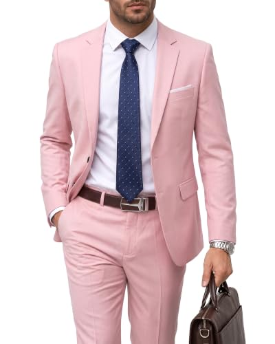 Men's 2 Piece Suit with Tie, Slim Fit Solid Color Jacket and Pants Set, Two Button, Light Pink