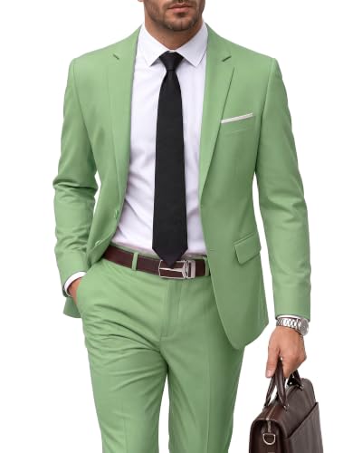 Men's 2 Piece Suit with Tie, Slim Fit Solid Color Jacket and Pants Set, Two Button, Sage Green