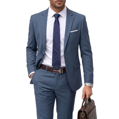 Men's 2 Piece Suit with Tie, Slim Fit Solid Color Jacket and Pants Set, Two Button, Smoky Blue