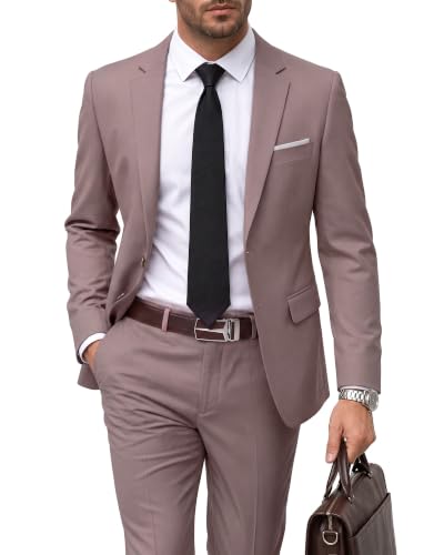 Men's 2 Piece Suit with Tie, Slim Fit Solid Color Jacket and Pants Set, Two Button, Smoky Pink