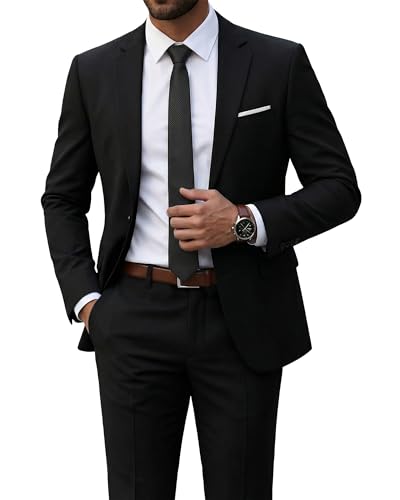 Men's 2 Piece Suit with Tie, Slim Fit Solid Color Jacket and Pants Set, One Button, Midnight Black