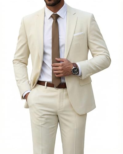 Men's 2 Piece Suit with Tie, Slim Fit Solid Color Jacket and Pants Set, One Button, Cream