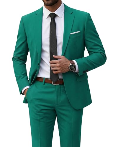 Men's 2 Piece Suit with Tie, Slim Fit Solid Color Jacket and Pants Set, One Button, Green