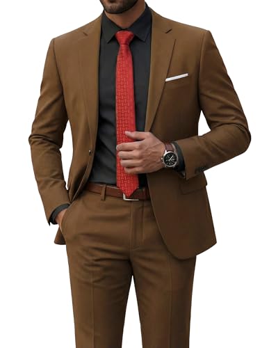 Men's 2 Piece Suit with Tie, Slim Fit Solid Color Jacket and Pants Set, One Button, Khaki