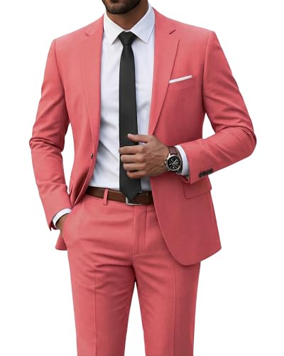 Men's 2 Piece Suit with Tie, Slim Fit Solid Color Jacket and Pants Set, One Button, Pink