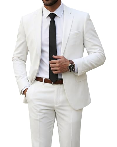 Men's 2 Piece Suit with Tie, Slim Fit Solid Color Jacket and Pants Set, One Button, White