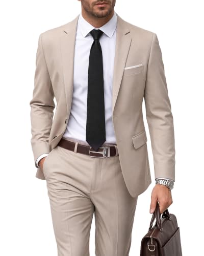 Men's 2 Piece Suit with Tie, Slim Fit Solid Color Jacket and Pants Set, Two Button, Beige