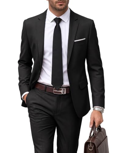 Men's 2 Piece Suit with Tie, Slim Fit Solid Color Jacket and Pants Set, Two Button, Black