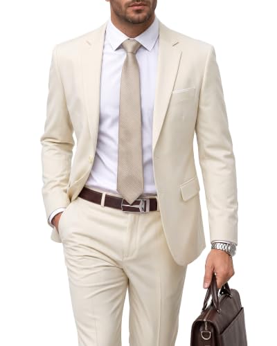 Men's 2 Piece Suit with Tie, Slim Fit Solid Color Jacket and Pants Set, Two Button, Cream