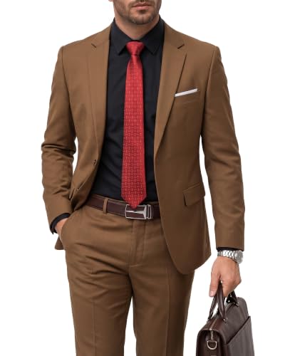 Men's 2 Piece Suit with Tie, Slim Fit Solid Color Jacket and Pants Set, Two Button, Khaki