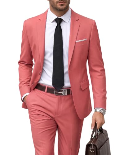 Men's 2 Piece Suit with Tie, Slim Fit Solid Color Jacket and Pants Set, Two Button, Pink