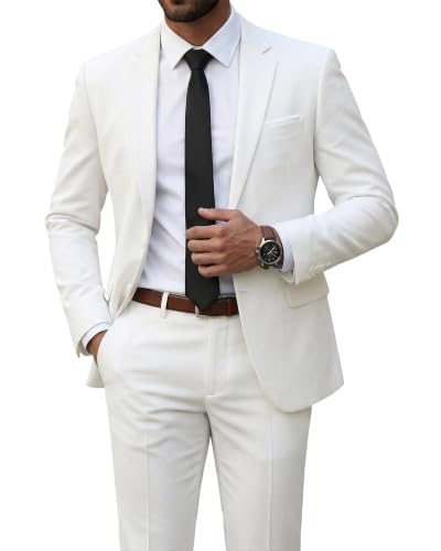 Men's 2 Piece Suit with Tie, Slim Fit Solid Color Jacket and Pants Set, Two Button, White