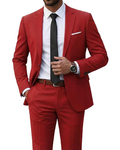 Men's 2 Piece Suit with Tie, Slim Fit Solid Color Jacket and Pants Set, One Button, Red