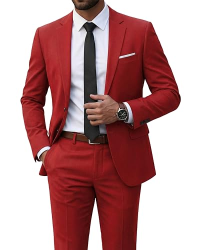 Men's 2 Piece Suit with Tie, Slim Fit Solid Color Jacket and Pants Set, Two Button, Red