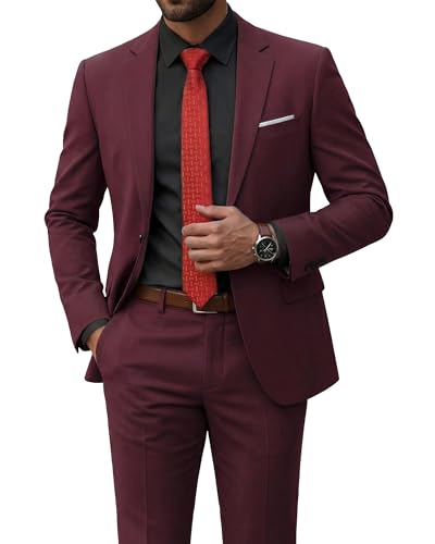 Men's 2 Piece Suit with Tie, Slim Fit Solid Color Jacket and Pants Set, One Button, Burgundy