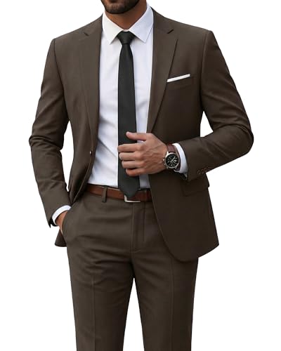 Men's 2 Piece Suit with Tie, Slim Fit Solid Color Jacket and Pants Set, One Button, Chocolate
