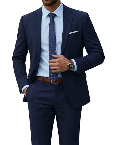 Men's 2 Piece Suit with Tie, Slim Fit Solid Color Jacket and Pants Set, One Button, Deep Blue