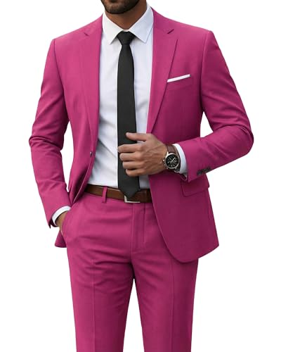 Men's 2 Piece Suit with Tie, Slim Fit Solid Color Jacket and Pants Set, One Button, Fuchsia