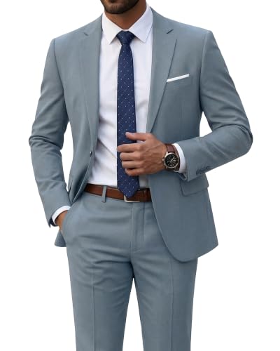 Men's 2 Piece Suit with Tie, Slim Fit Solid Color Jacket and Pants Set, One Button, Grey Blue