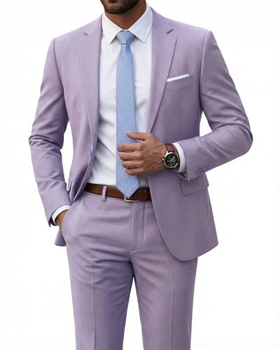 Men's 2 Piece Suit with Tie, Slim Fit Solid Color Jacket and Pants Set, One Button, Lavender