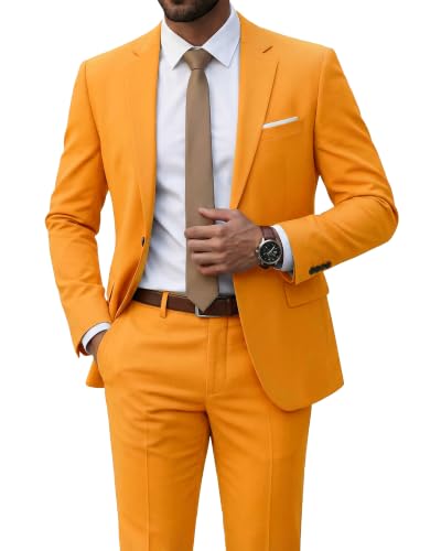 Men's 2 Piece Suit with Tie, Slim Fit Solid Color Jacket and Pants Set, One Button, Orange