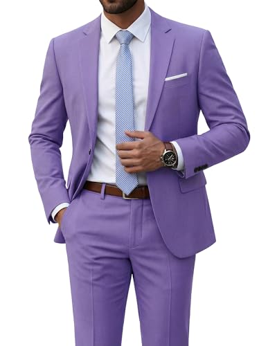 Men's 2 Piece Suit with Tie, Slim Fit Solid Color Jacket and Pants Set, One Button, Purple