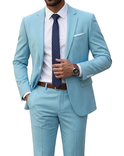 Men's 2 Piece Suit with Tie, Slim Fit Solid Color Jacket and Pants Set, One Button, Sky Blue