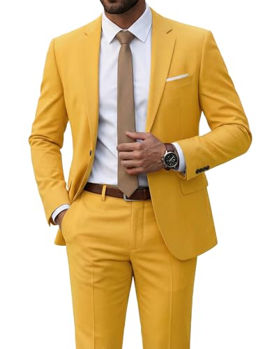 Men's 2 Piece Suit with Tie, Slim Fit Solid Color Jacket and Pants Set, One Button, Yellow