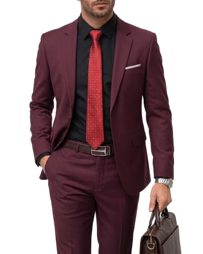 Men's 2 Piece Suit with Tie, Slim Fit Solid Color Jacket and Pants Set, Two Button, Burgundy