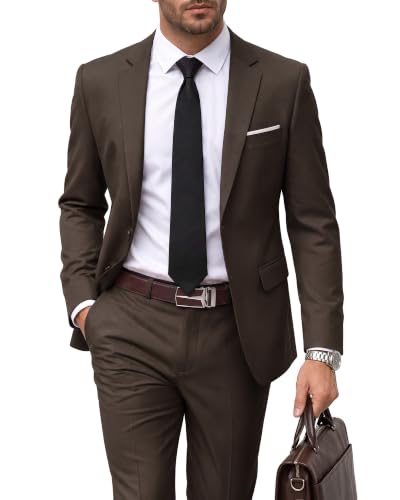 Men's 2 Piece Suit with Tie, Slim Fit Solid Color Jacket and Pants Set, Two Button, Chocolate