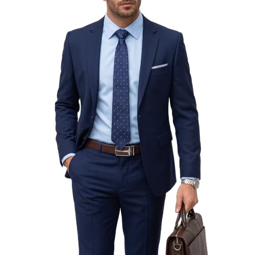 Men's 2 Piece Suit with Tie, Slim Fit Solid Color Jacket and Pants Set, Two Button, Deep Blue