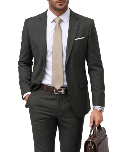 Men's 2 Piece Suit with Tie, Slim Fit Solid Color Jacket and Pants Set, Two Button, Deep Grey