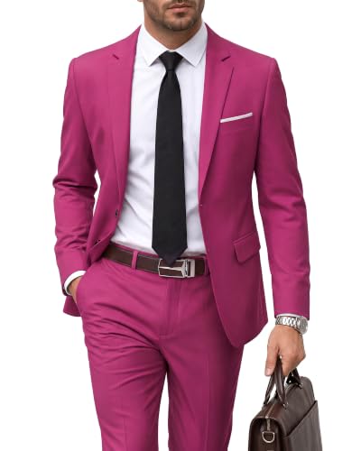 Men's 2 Piece Suit with Tie, Slim Fit Solid Color Jacket and Pants Set, Two Button, Fuchsia