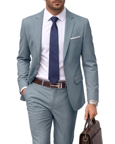 Men's 2 Piece Suit with Tie, Slim Fit Solid Color Jacket and Pants Set, Two Button, Grey Blue
