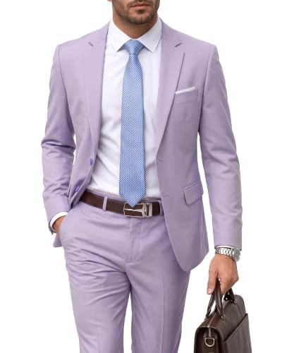 Men's 2 Piece Suit with Tie, Slim Fit Solid Color Jacket and Pants Set, Two Button, Lavender