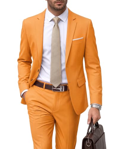 Men's 2 Piece Suit with Tie, Slim Fit Solid Color Jacket and Pants Set, Two Button, Orange