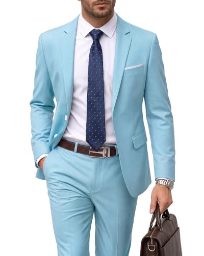 Men's 2 Piece Suit with Tie, Slim Fit Solid Color Jacket and Pants Set, Two Button, Sky Blue