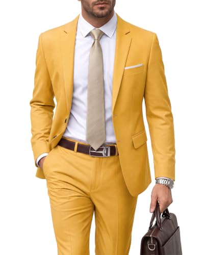 Men's 2 Piece Suit with Tie, Slim Fit Solid Color Jacket and Pants Set, Two Button, Yellow