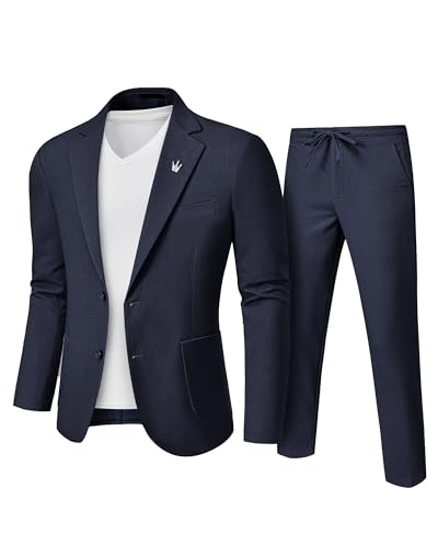 Men's 2 Pieces Linen Suit, Two Buttons Regular Fit Jacket and Pants for Beach Wedding, Casual, or Summer Time Deep Blue X-Small, Deep Blue