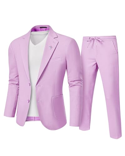 Men's 2 Pieces Linen Suit, Two Buttons Regular Fit Jacket and Pants for Beach Wedding, Casual, or Summer Time Light Purple X-Small, Light Purple