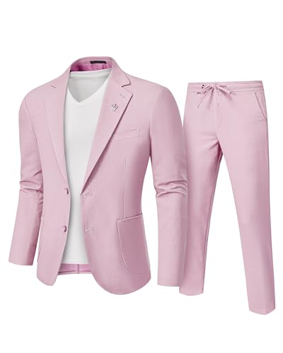 Men's 2 Pieces Linen Suit, Two Buttons Regular Fit Jacket and Pants for Beach Wedding, Casual, or Summer Time Light Pink X-Small, Light Pink